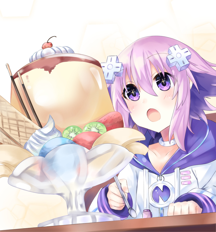 1girl bimmy blush d-pad d-pad_hair_ornament food hair_ornament highres holding holding_spoon long_hair looking_at_viewer neptune_(neptune_series) neptune_(series) open_mouth pudding purple_hair short_hair solo spoon violet_eyes