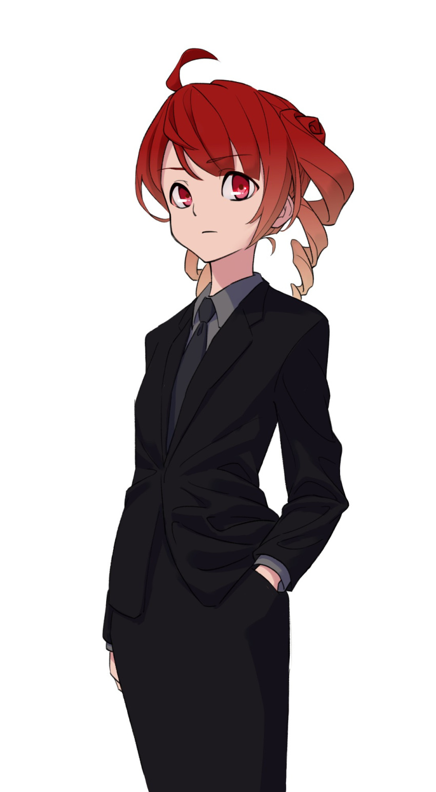 1girl ahoge anco8pizz black_jacket black_pants business_suit closed_mouth commentary cowboy_shot drill_hair english_commentary expressionless formal grey_neckwear grey_shirt hand_in_pocket highres jacket kasane_teto looking_at_viewer necktie pants red_eyes redhead shirt short_hair solo standing suit suit_jacket twin_drills utau white_background
