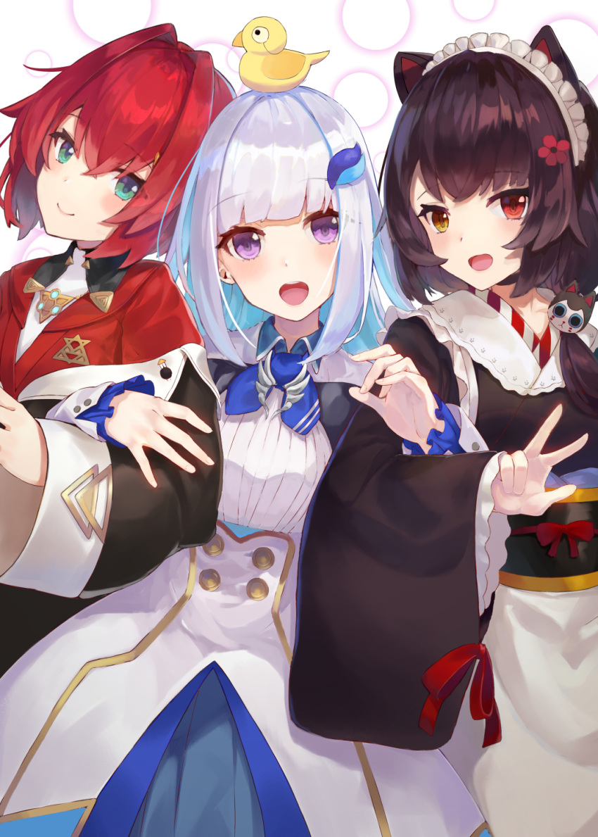 3girls ange_katrina animal animal_ears animal_on_head bangs bird black_hair blue_eyes blue_hair blunt_bangs blush cowboy_shot dog_ears dog_hair_ornament duck gatling033 hair_between_eyes hair_intakes hair_ornament hairclip heterochromia highres inui_toko jacket japanese_clothes lize_helesta long_hair long_sleeves looking_at_viewer low_twintails maid_headdress monocle multicolored_hair multiple_girls nijisanji on_head open_mouth red_eyes red_jacket redhead sebastian_piyodore shirt short_hair simple_background smile twintails two-tone_hair very_long_hair violet_eyes virtual_youtuber wa_maid white_background white_hair white_shirt yellow_eyes