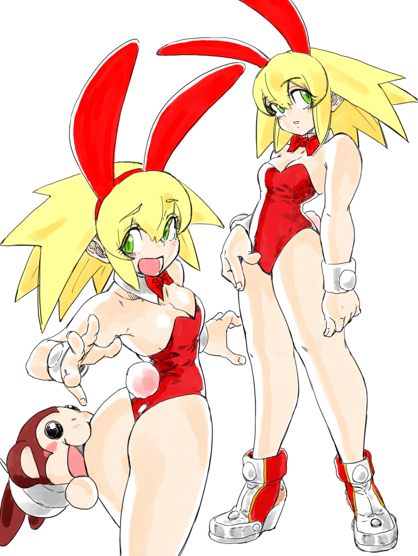 1girl animal_ears asimatosinosin ass bare_legs blonde_hair bow bowtie breasts bunny_tail cowboy_shot cuffs data_(rockman_dash) eyebrows_visible_through_hair full_body green_eyes highres leotard long_hair multiple_views open_mouth rabbit_ears red_leotard red_neckwear rockman rockman_dash roll_caskett shoes simple_background small_breasts tail white_background