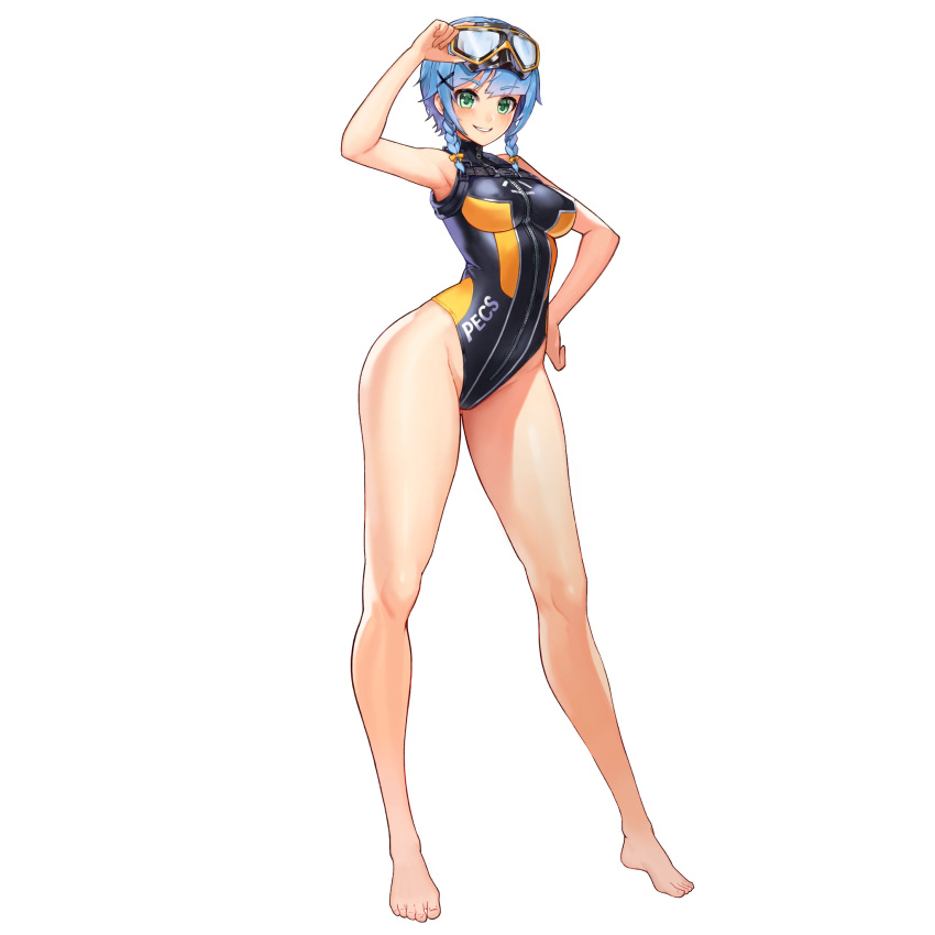 1girl armpits bangs barefoot blue_hair blush braid breasts contrapposto eyebrows_visible_through_hair goggles goggles_on_head grin hair_ornament hand_on_hip heart highres large_breasts last_origin long_legs looking_at_viewer official_art one-piece_swimsuit open_mouth sangobob short_hair_with_long_locks simple_background smile solo standing swimsuit symbol-shaped_pupils tachi-e transparent_background triaina_(last_origin) twin_braids x_hair_ornament