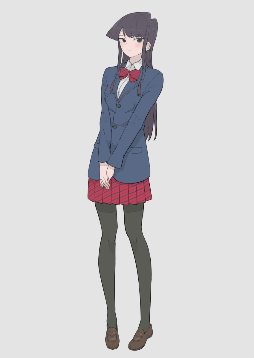 1girl black_legwear blazer blush bow bowtie brown_eyes brown_hair diagonal-striped_skirt highres jacket komi-san_wa_komyushou_desu komi_shouko loafers long_hair looking_at_viewer pantyhose pigeon-toed red_skirt shoes skirt solo takita_(takita3411) v_arms white_background