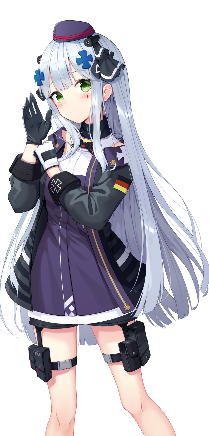 1girl absurdres adjusting_clothes adjusting_gloves bangs black_gloves black_jacket black_ribbon black_shorts blush closed_mouth commentary_request dress eyebrows_visible_through_hair facial_mark german_flag girls_frontline gloves green_eyes hair_ornament hair_ribbon hands_up hat highres hk416_(girls_frontline) iron_cross jacket korean_commentary long_hair looking_at_viewer mini_hat open_clothes open_jacket purple_dress purple_headwear ribbon seero short_shorts shorts silver_hair simple_background solo very_long_hair white_background white_gloves