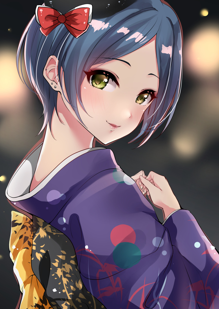 1girl bangs black_headwear blue_hair blurry blurry_background blush bow ear_piercing furisode hayami_kanade highres idolmaster idolmaster_cinderella_girls japanese_clothes kimono long_sleeves looking_at_viewer murabito_c nape outdoors parted_bangs parted_lips piercing print_kimono red_bow sash short_hair sidelocks smile solo upper_body wide_sleeves yellow_eyes