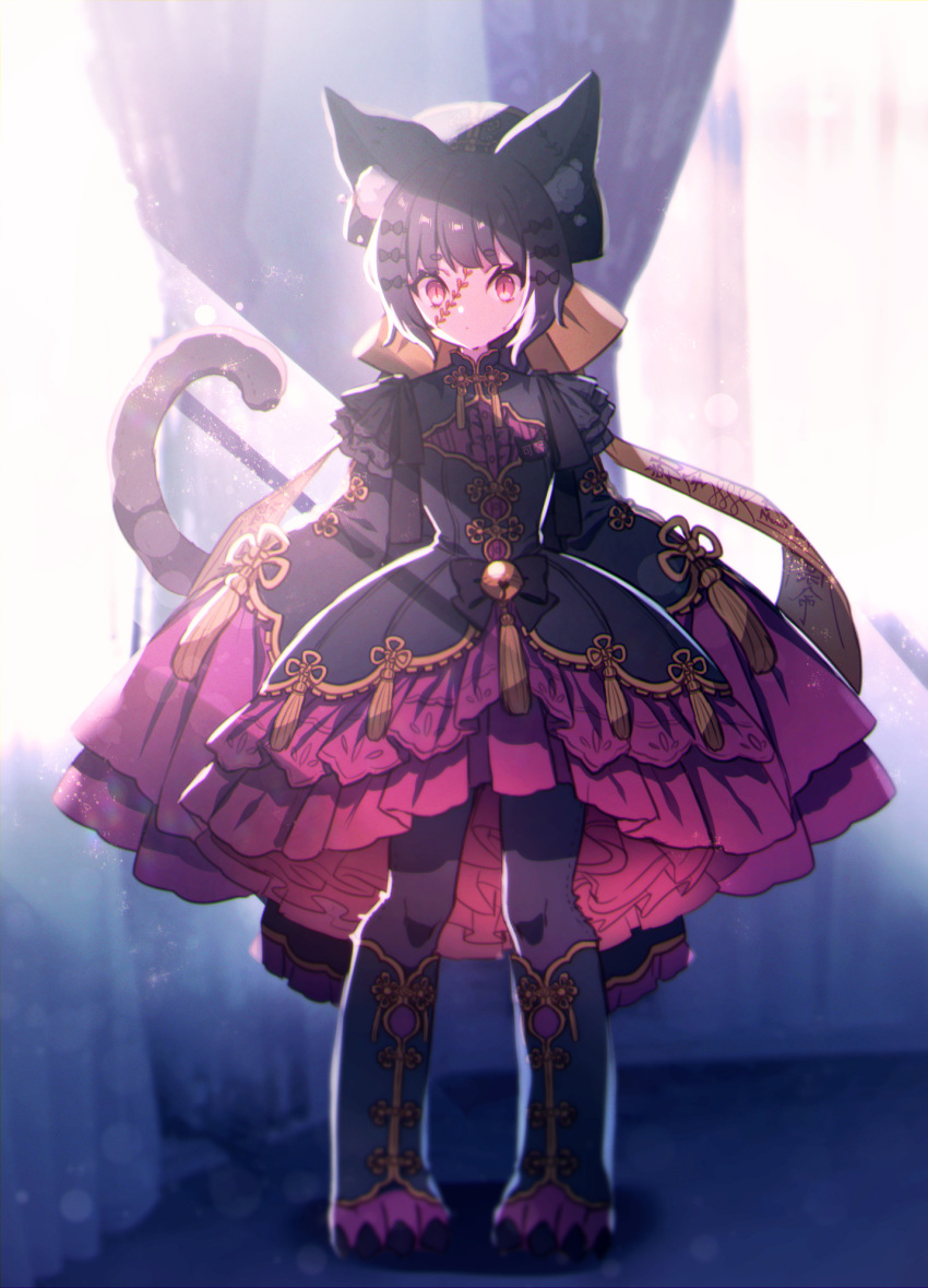 1girl animal_ears black_dress black_hair black_legwear blurry bow cat_ears curtains day dress frills gold_trim hair_bow headpiece highres indoors long_sleeves mega_banette moe_(hamhamham) pantyhose paws personification pink_dress pokemon red_eyes sleeves_past_fingers sleeves_past_wrists solo standing stitched_face tail tassel two-tone_dress yellow_bow