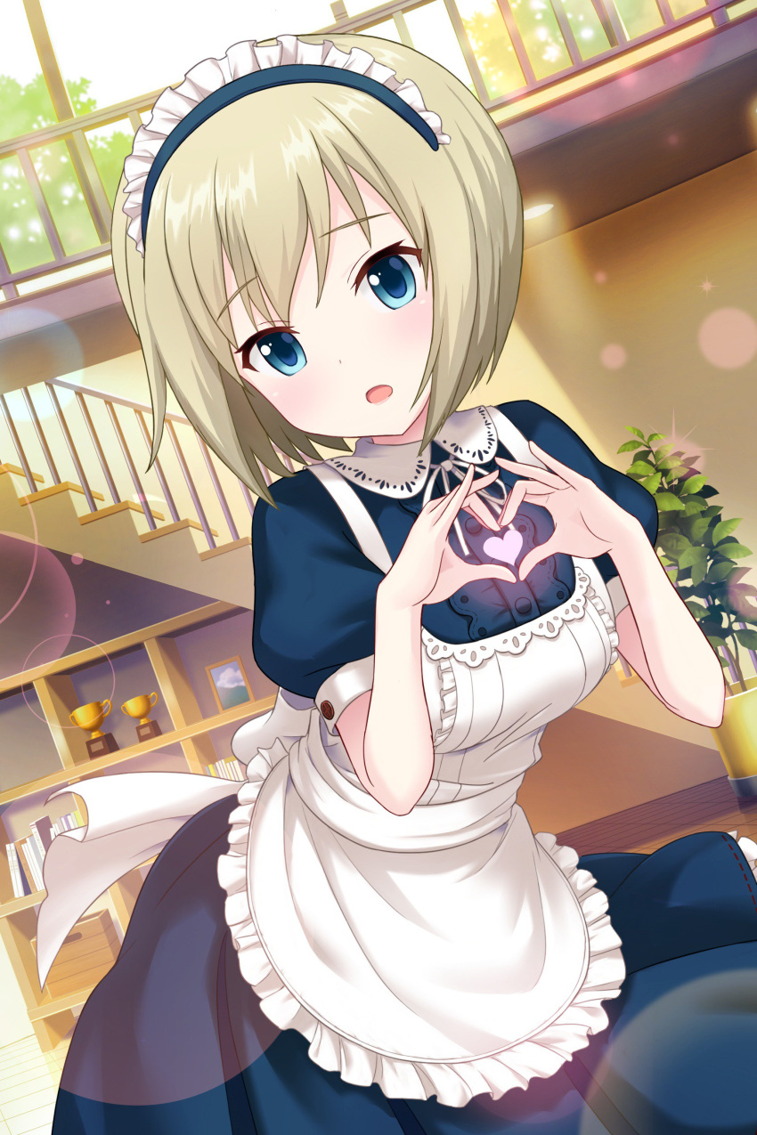 1girl absurdres alternative_girls apron blonde_hair blue_eyes blush heart heart_hands highres maid_cap maid_dress official_art open_mouth short_hair short_sleeves sylvia_richter white_apron