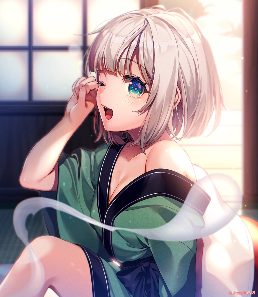 1girl :d bangs blunt_bangs breasts commentary_request green_eyes green_kimono highres indoors japanese_clothes kimono knee_up konpaku_youmu konpaku_youmu_(ghost) niwashi_(yuyu) off_shoulder one_eye_closed open_mouth short_hair silver_hair sitting small_breasts smile solo touhou twitter_username