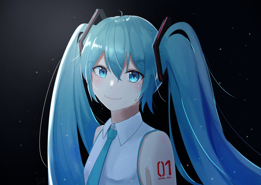 1girl ahoge bangs blue_eyes blue_hair blue_neckwear closed_mouth collared_shirt eyebrows_visible_through_hair floating_hair hair_between_eyes hair_ornament hatsune_miku highres im_catfood long_hair looking_at_viewer necktie shiny shiny_hair shirt sleeveless sleeveless_shirt smile solo twintails upper_body very_long_hair vocaloid white_shirt wing_collar