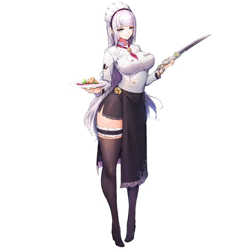 1girl bangs blue_eyes blunt_bangs breasts character_name chef dish food high_heels highres knife large_breasts last_origin long_hair looking_at_viewer maid_headdress official_art silver_hair sima_(startwitch) smile solo sowan_(last_origin) tachi-e thigh-highs transparent_background