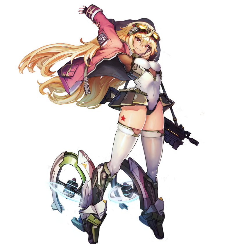 1girl assault_rifle blonde_hair breasts fingerless_gloves gloves goggles goggles_on_head grin gun hair_between_eyes highres jacket last_origin leotard long_hair looking_at_viewer navel p-24_pinto paintale red_eyes rifle skindentation smile solo tachi-e thigh-highs transparent_background weapon white_legwear