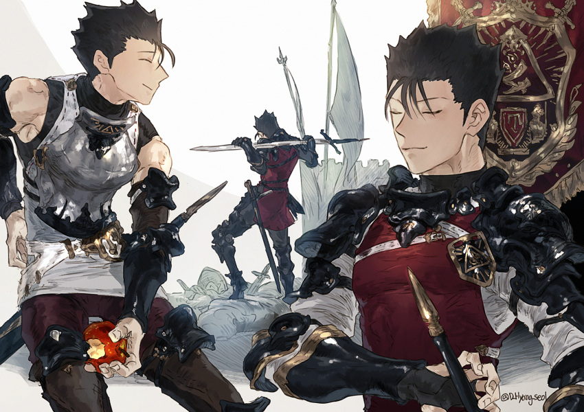 1boy armor black_gloves black_hair breastplate closed_eyes fingerless_gloves flag gloves holding holding_sword holding_weapon leeis_cool male_focus mob_psycho_100 multiple_views shimazaki_ryo simple_background solo sword twitter_username weapon white_background