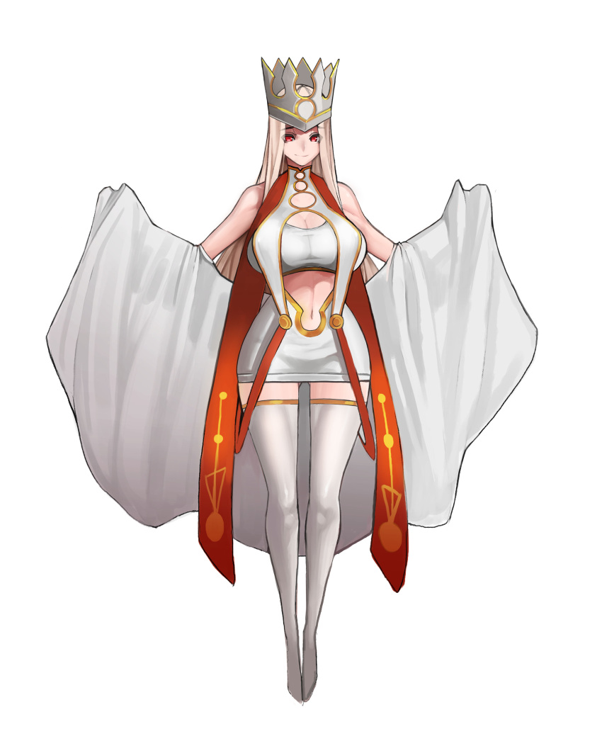 1girl absurdres bare_shoulders breasts crown dress_of_heaven fate/grand_order fate_(series) full_body highres irisviel_von_einzbern irisviel_von_einzbern_(caster) large_breasts looking_at_viewer midriff platina1945 red_eyes thighs white_hair