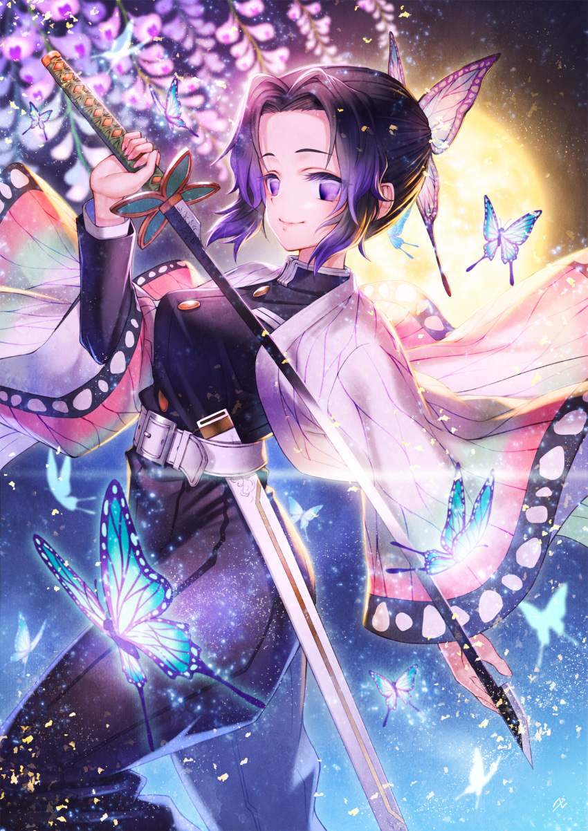 1girl bangs belt black_hair blue_butterfly breasts bug butterfly butterfly_hair_ornament hair_ornament highres holding holding_sword holding_weapon insect japanese_clothes katana kimetsu_no_yaiba kochou_shinobu long_sleeves no_pupils parted_bangs purple_hair sheath sho_(sumika) short_hair smile solo sword violet_eyes weapon