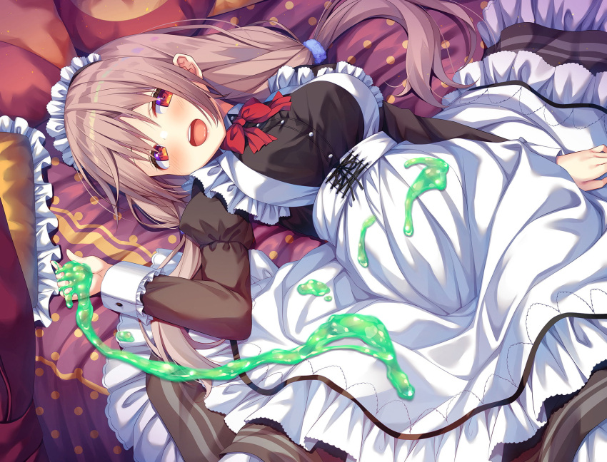1girl :o asa_no_ha blush bow breasts brown_eyes dress frills highres long_hair long_sleeves looking_at_viewer lying maid maid_headdress on_back on_bed original pillow red_bow slime solo