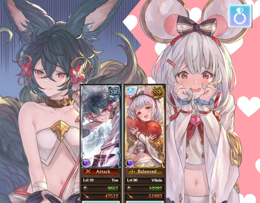 2girls animal_ears bangs bare_shoulders betabeet black_bow blue_hair blush bow closed_mouth collar collarbone english_commentary erune fake_animal_ears fox_ears fox_girl fox_tail frilled_sleeves frills granblue_fantasy hair_between_eyes hair_bow hair_ornament hairband hairclip heart highres jewelry large_tail lips long_sleeves midriff mouse_ears multiple_girls multiple_tails navel off_shoulder red_bow red_eyes ring shirt short_hair silver_hair skirt smile tail tears vikala_(granblue_fantasy) white_shirt white_skirt wide_sleeves you_(granblue_fantasy)