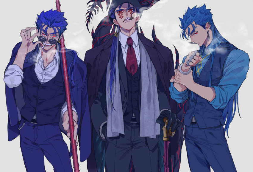 3boys adjusting_eyewear alternate_costume black_coat black_gloves black_headwear black_pants black_vest blue_hair blue_pants bracelet brass_knuckles cane cigar cigarette contemporary cowboy_shot cu_chulainn_(fate)_(all) cu_chulainn_(fate/grand_order) cu_chulainn_alter_(fate/grand_order) earrings fate/grand_order fate_(series) fedora gae_bolg gloves grey_background grin hair_over_shoulder hair_strand hand_in_pocket hat holding holding_spear holding_weapon jacket_on_shoulders jewelry lancer long_hair looking_at_viewer male_focus monster_boy multiple_boys necktie pants polearm ponytail profile red_eyes red_neckwear ring sharp_teeth shirt simple_background smile smoking spear standing sunglasses tail tatsuta_age teeth thick_eyebrows vest weapon white_shirt