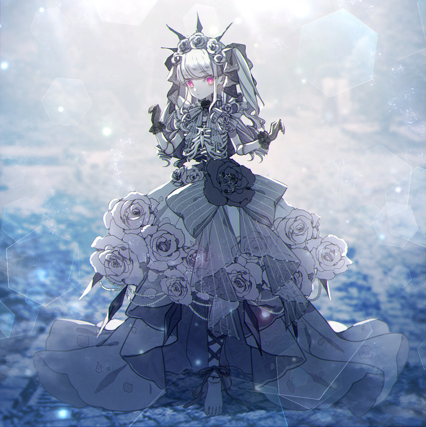 1girl bangs barefoot black_flower black_gloves cursola doll_joints dress dress_bow dress_flower flower full_body gloves grey_dress hair_flower hair_ornament highres looking_at_viewer moe_(hamhamham) personification pink_eyes pokemon ribs solo standing twintails white_flower white_hair
