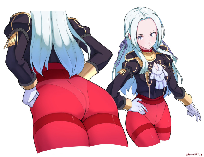 1girl artist_name ass covered_panties cropped_legs cute edelgard_von_hresvelg epaulettes fire_emblem fire_emblem:_three_houses fire_emblem:_three_houses from_above from_behind from_below grey-framed_eyewear grey_eyes grimmelsdathird hand_on_hip head_out_of_frame highres intelligent_systems long_hair looking_at_viewer nintendo panties solo twitter_username underwear white_background