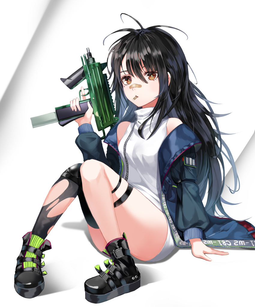 1girl absurdres bandaid bandaid_on_nose bare_legs bare_shoulders black_hair black_legwear blue_jacket blush brown_eyes bullet_in_mouth c-ms_(girls_frontline) cbj-ms convenient_leg finger_on_trigger full_body girls_frontline gun hair_between_eyes hand_up highres holding holding_gun holding_weapon ihan jacket knees_together_feet_apart knees_up long_hair messy_hair mole mole_under_eye mouth_hold off_shoulder open_clothes open_jacket shirt single_thighhigh sleeveless sleeveless_shirt solo thigh-highs thighs torn_clothes torn_legwear very_long_hair weapon white_shirt