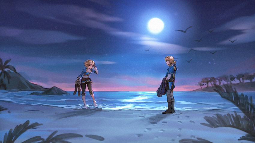 1boy 1girl ^_^ alzi_xiaomi bangs beach bird blonde_hair blue_theme boots_removed borrowed_garments braid breasts brown_footwear cape cape_removed closed_eyes commentary_request crown_braid footprints full_moon gloves grey_pants hair_ornament hairclip half_updo hand_on_own_head hand_up happy highres holding_boots holding_cape horizon laughing leaning_forward link long_sleeves looking_at_another medium_breasts moon nature night night_sky ocean outdoors pants pants_rolled_up pointy_ears ponytail princess_zelda profile scenery shadow short_hair short_over_long_sleeves short_sleeves sky smile standing sword sword_behind_back the_legend_of_zelda the_legend_of_zelda:_breath_of_the_wild wading weapon