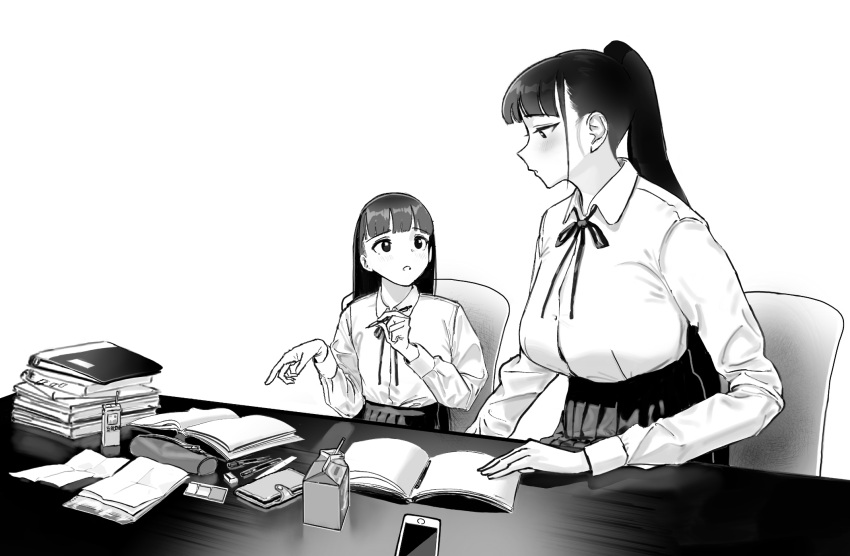 2girls bangs black_eyes black_hair black_neckwear black_skirt blunt_bangs blush book book_stack breasts carton cellphone chair collared_shirt drinking_straw eraser greyscale height_difference highres hiramedousa large_breasts long_hair long_sleeves monochrome multiple_girls open_book original paper parted_lips pen phone pleated_skirt pointing ponytail profile shirt shirt_tucked_in simple_background sitting size_difference skirt table white_background