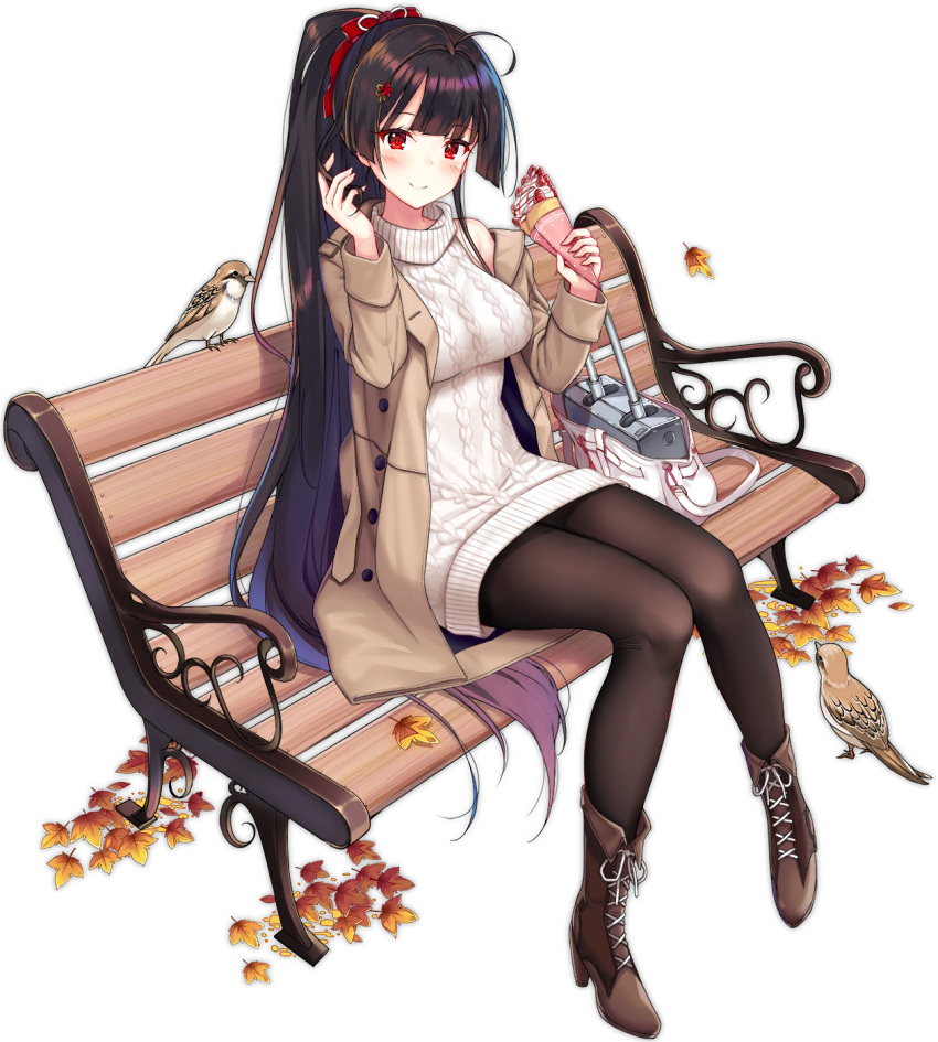 1girl agano_(azur_lane) agano_(dating_game?)_(azur_lane) aran_sweater autumn_leaves azur_lane bag bare_shoulders bench bird blush boots bow breasts brown_coat brown_hair brown_legwear coat crepe dress food hair_bow hecha_(swy1996228) high_heel_boots high_heels highres jacket large_breasts leaf long_hair long_sleeves looking_at_viewer maple_leaf off_shoulder official_art open_clothes open_coat pantyhose park_bench red_eyes sitting sleeveless smile solo sweater sweater_dress thigh-highs transparent_background turret turtleneck turtleneck_sweater very_long_hair