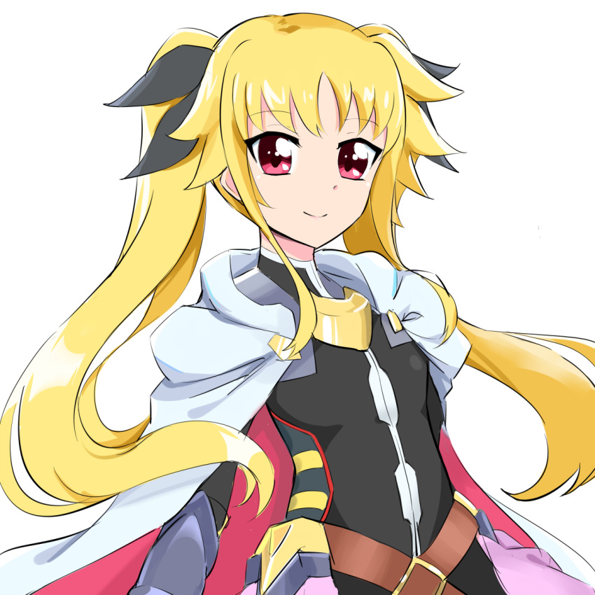 1girl bangs black_bow blonde_hair bow closed_mouth eyebrows_visible_through_hair fate_testarossa flat_chest floating_hair hair_bow haruzu2000 hat highres long_hair looking_at_viewer lyrical_nanoha mahou_shoujo_lyrical_nanoha red_eyes shiny shiny_hair simple_background smile solo upper_body very_long_hair white_background white_headwear