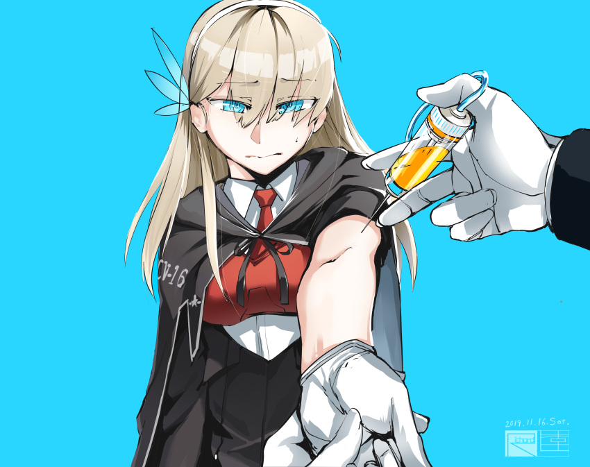 absurdres bare_arms black_cape blue_eyes breasts cape feather_hair_ornament gloves highres injection large_breasts lexington_(cv-16)_(warship_girls_r) necktie outstretched_arm pill richard_rii shirt silver_hair steelblue_mirage syringe warship_girls_r white_gloves white_shirt