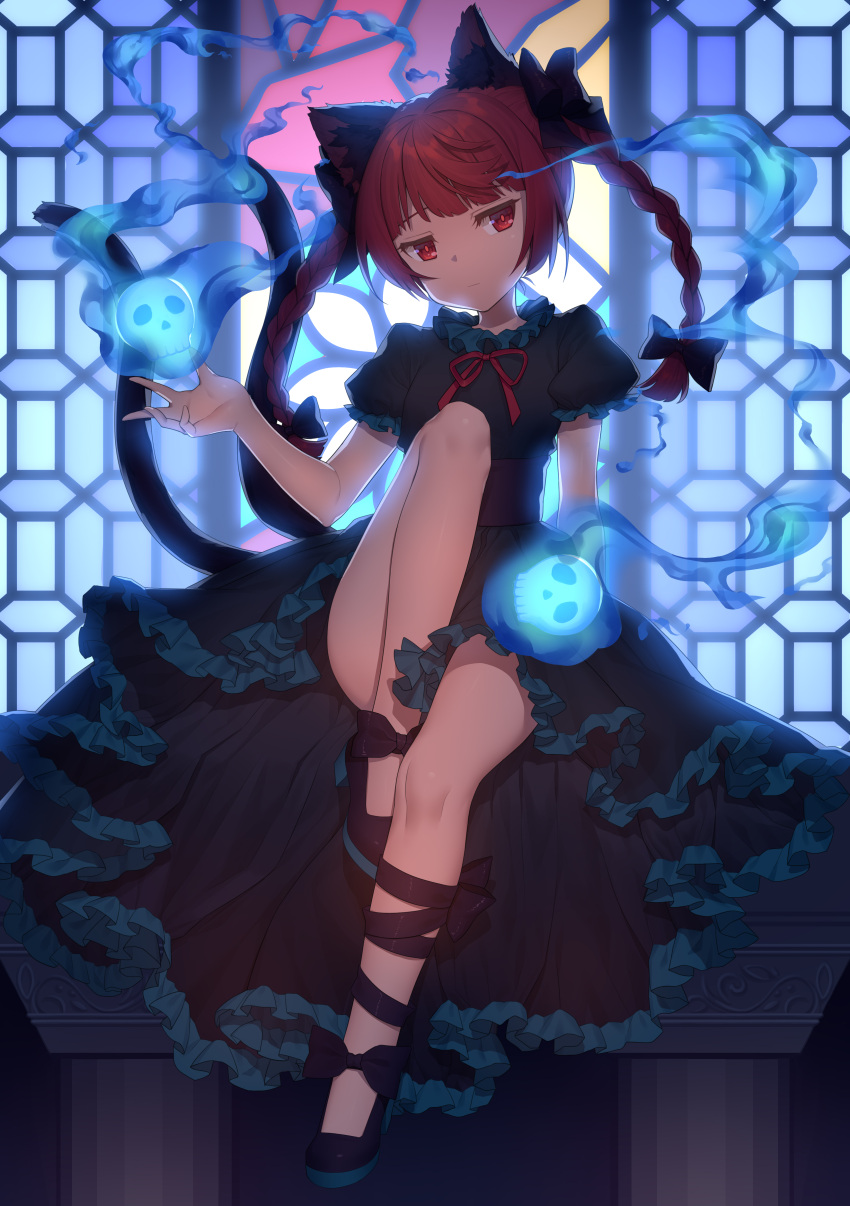 1boy absurdres animal_ears bangs bare_legs black_bow black_dress black_footwear blue_fire bow braid cat_ears cat_girl cat_tail chi_yei closed_mouth commentary_request dress expressionless fire floating_skull frilled_dress frilled_sleeves frills full_body head_tilt high_heels highres kaenbyou_rin knee_up long_hair looking_at_viewer multiple_tails neck_ribbon red_eyes red_neckwear red_ribbon redhead ribbon sitting skull solo stained_glass tail touhou twin_braids two_tails