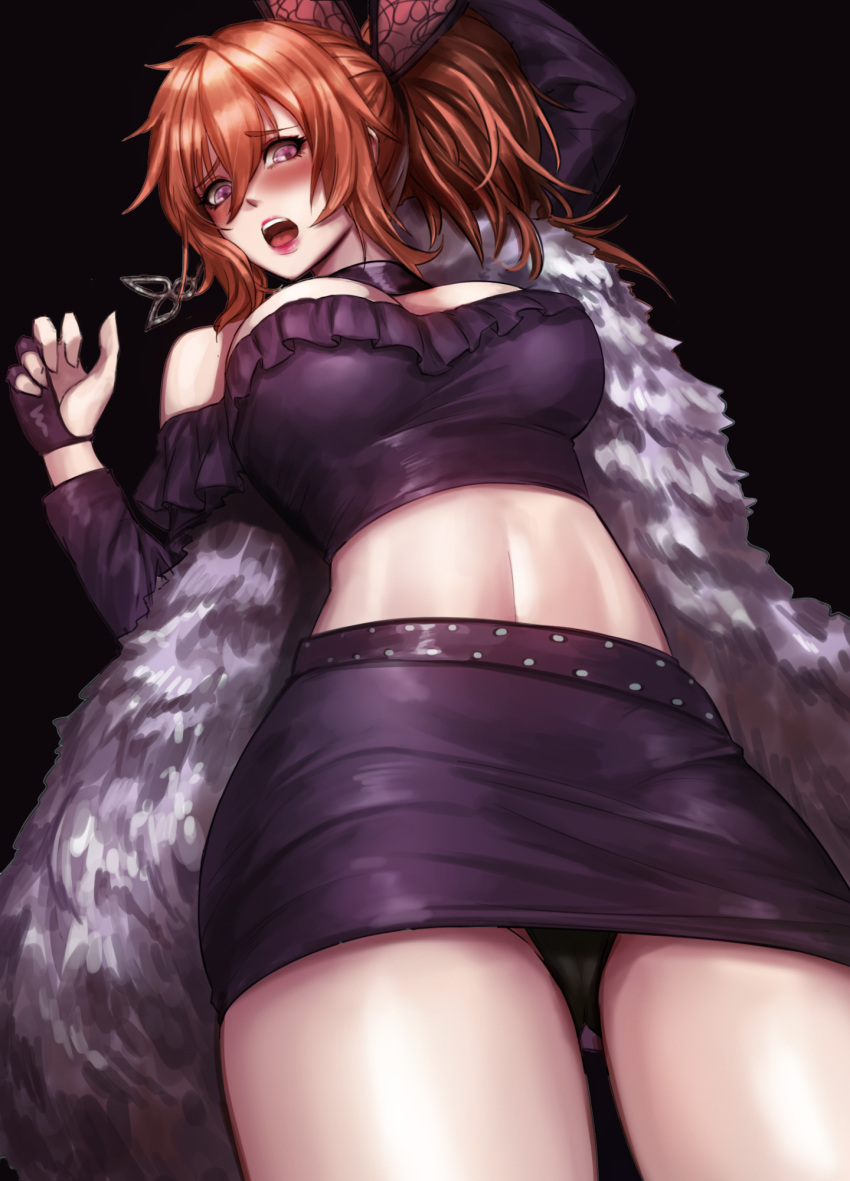 1girl arm_up bangs black_background black_panties blush breasts brown_dust character_request choker commentary_request cowboy_shot earrings embarrassed eyebrows_visible_through_hair eyelashes fingerless_gloves from_below fur_scarf gloves hair_between_eyes hair_ornament hand_up highres jewelry kibellin korean_commentary large_breasts medium_hair midriff miniskirt open_mouth orange_hair panties pantyshot ponytail purple_gloves purple_shirt purple_skirt shiny shiny_clothes shiny_hair shirt sidelocks simple_background skirt solo strapless underwear violet_eyes