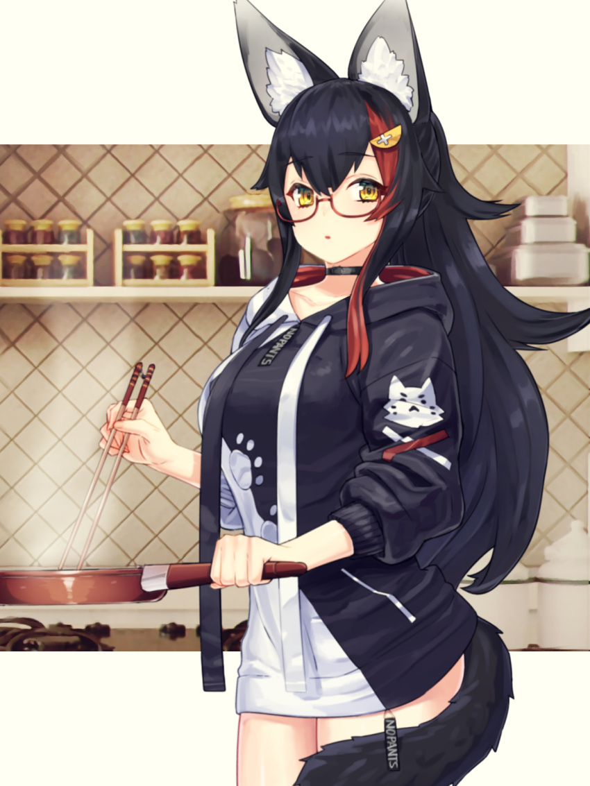 1girl animal_ears black_hair cooking frying_pan hair_ornament highres hololive long_hair no_panties ookami_mio oshiruko_(oshiruco_212048) smile solo solo_focus tail tail_wrap very_long_hair virtual_youtuber wolf_ears wolf_girl wolf_tail yellow_eyes
