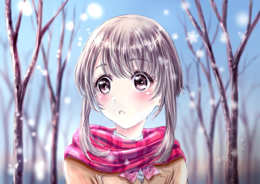 1girl blush brown_hair highres open_mouth original scarf school_uniform short_hair snow snowflakes snowing tarou_oekaki uniform winter