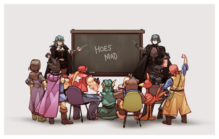 2girls 6+boys absurdres amamiya_ren arm_up backpack bag bandana banjo-kazooie banjo_(banjo-kazooie) bare_shoulders bear bird black_gloves black_hair blonde_hair boots brown_footwear brown_hair byleth_(fire_emblem) byleth_eisner_(female) byleth_eisner_(male) cape cellphone chair chalkboard cheering crossover cup disposable_cup dragon_quest dragon_quest_xi drinking fatal_fury fire_emblem fire_emblem:_three_houses from_behind gloves green_hair grey_pants hero_(dq11) hero_(dq4) hero_(dq8) highres holding holding_cellphone holding_cup holding_phone kazooie_(banjo-kazooie) knee_boots long_hair meme multiple_boys multiple_girls nin_nakajima pants pantyhose persona persona_5 phone pink_cape pointer ponytail print_vest red_gloves red_vest roto sitting sleeves_pushed_up smartphone spiky_hair standing star star_print super_smash_bros. terry_bogard tunic vest