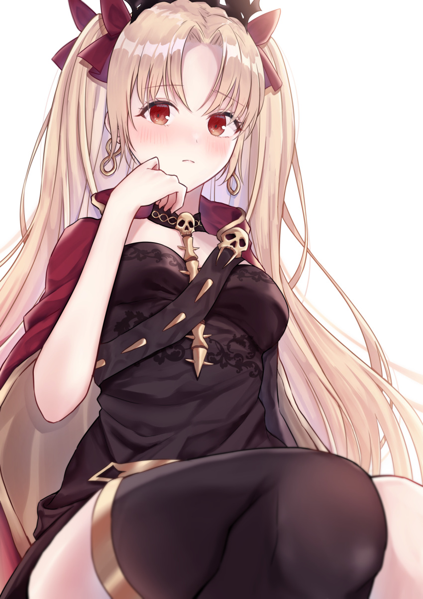 1girl bangs black_dress black_legwear blonde_hair blush cape commentary_request diadem dress earrings ereshkigal_(fate/grand_order) fate/grand_order fate_(series) frown hair_ribbon highres infinity jewelry long_hair looking_at_viewer meltymaple parted_bangs red_eyes red_ribbon ribbon simple_background single_thighhigh skull solo thigh-highs two_side_up very_long_hair white_background