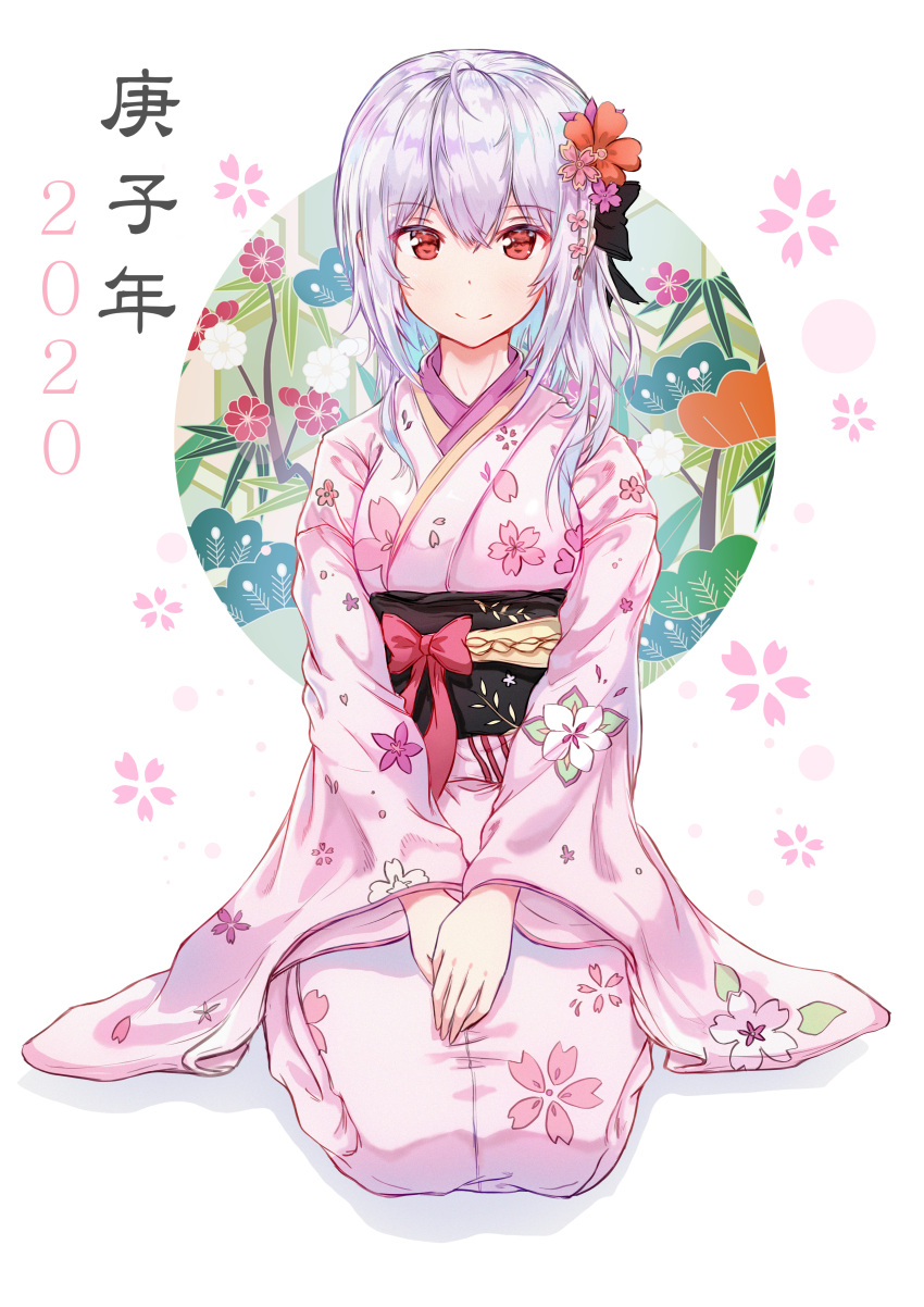 1girl 2020 absurdres bangs black_bow blue_hair blush bow cherry_blossoms closed_mouth commentary english_commentary eyebrows_visible_through_hair floral_background floral_print flower full_body furisode hair_between_eyes hair_bow hair_flower hair_ornament highres japanese_clothes kimono long_sleeves multicolored_hair neon_(hhs9444) obi original pink_kimono print_kimono purple_flower red_bow red_eyes red_flower sash seiza silver_hair sitting smile solo two-tone_hair wide_sleeves