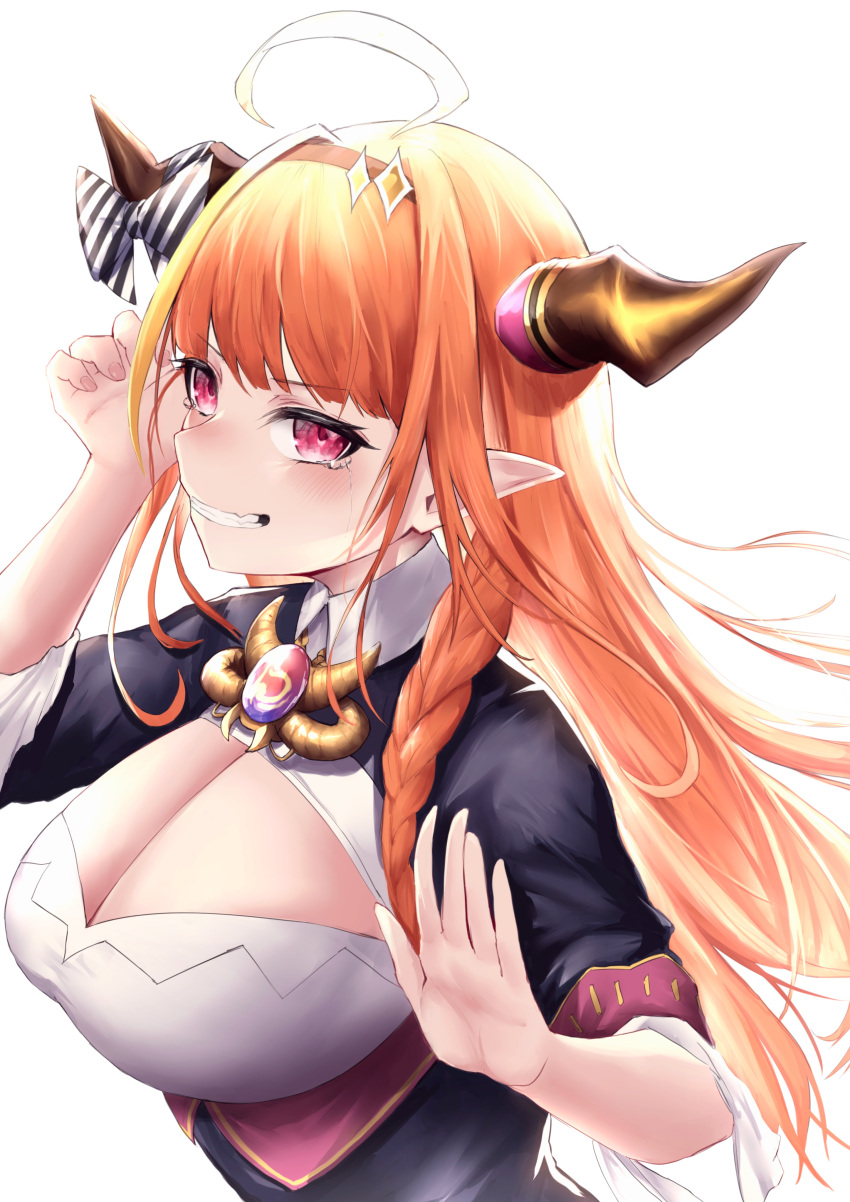 1girl absurdres ahoge blonde_hair blush bow braid breasts brooch cleavage_cutout clothing_cutout crying crying_with_eyes_open dragon_girl dragon_horns grin highres hinamayo hololive horn_bow horn_ornament horns jewelry kiryu_coco large_breasts long_hair looking_at_viewer multicolored_hair orange_hair pointy_ears red_eyes side_braid simple_background smile solo streaked_hair tears upper_body virtual_youtuber white_background