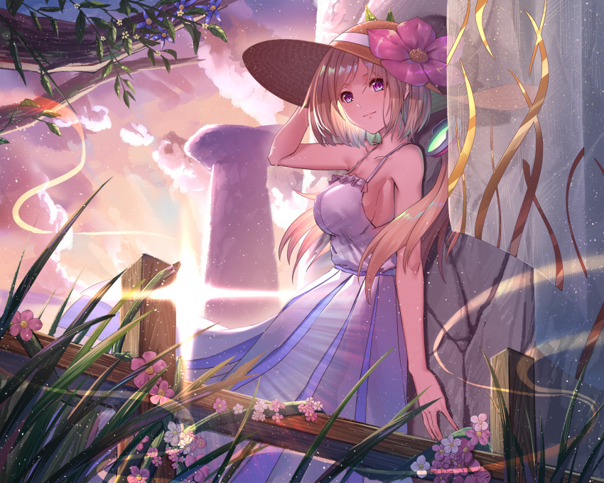 1girl aki_rosenthal alternate_costume bangs bare_shoulders blonde_hair breasts closed_mouth clouds collarbone cracked_wall dress flower grass hat hat_flower highres holding holding_hat hololive long_hair outdoors parted_bangs sideboob sky solo sun_hat ten_no_hoshi tree_branch violet_eyes virtual_youtuber white_dress