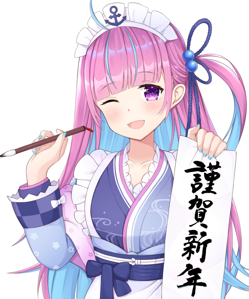 1girl ;d ahoge anchor bangs blue_hair blue_kimono blue_nails blunt_bangs blush calligraphy_brush eyebrows_visible_through_hair fingernails hair_ornament hands_up highres holding holding_paintbrush hololive japanese_clothes kimono long_sleeves minato_aqua multicolored multicolored_clothes multicolored_hair multicolored_kimono nail_polish new_year obi one_eye_closed one_side_up open_mouth paintbrush pink_hair sash seventeen_(st17215) simple_background smile solo two-tone_hair upper_body violet_eyes virtual_youtuber white_background