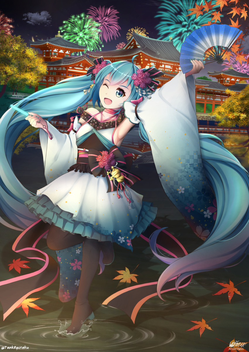 1girl absurdres alternate_costume aqua_eyes aqua_hair architecture armpits artist_name autumn_leaves boots clouds cloudy_sky dark_sky detached_sleeves east_asian_architecture fan fireworks hatsune_miku highres japanese_clothes kimono kimono_skirt long_hair night obi one_eye_closed paper_fan ripples sash sky smile solo standing standing_on_liquid tank_ryousaku thigh-highs thigh_boots tree twintails vocaloid wide_sleeves