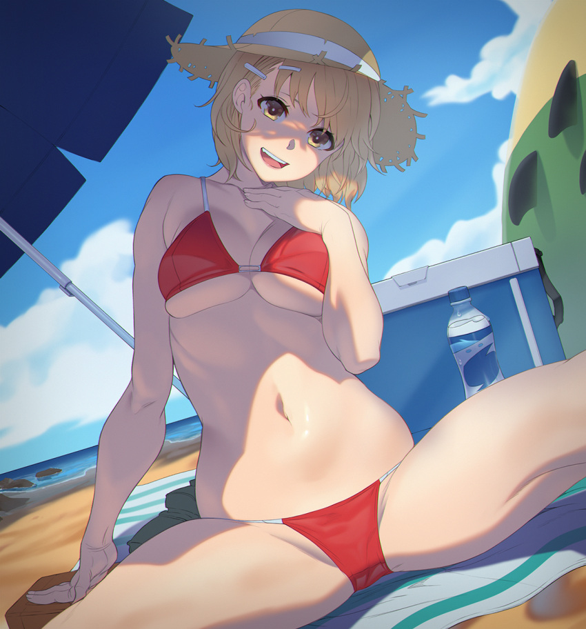 1girl :d arm_support bangs beach beach_towel beach_umbrella bikini blonde_hair blue_sky bottle breasts chromatic_aberration clouds cooler cowboy_shot crotch_seam day dutch_angle groin hair_ornament hairclip hand_on_own_chest hand_up hat hat_ribbon head_tilt highres horizon looking_at_viewer medium_breasts navel ocean on_ground open_mouth original outdoors red_bikini ribbon sand shade shiny shiny_skin sitting skindentation sky smile solo spread_legs straw_hat string_bikini swimsuit towel umbrella under_boob water_bottle yeedee yellow_eyes