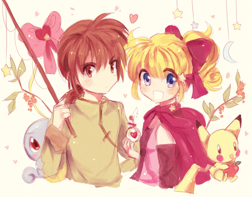 1boy 1girl :d almond_(pokemon) apple blonde_hair blush breasts brown_eyes brown_hair cape creature crescent english_commentary food fruit gen_1_pokemon hair_ribbon happy heart highres holding holding_food holding_fruit kash-phia long_hair long_sleeves looking_at_viewer love_potion marron_(pokemon) medium_hair open_mouth pikachu pink_ribbon pokemon pokemon_(creature) pokemon_pipipi_adventure ribbon small_breasts smile squirtle star upper_body violet_eyes