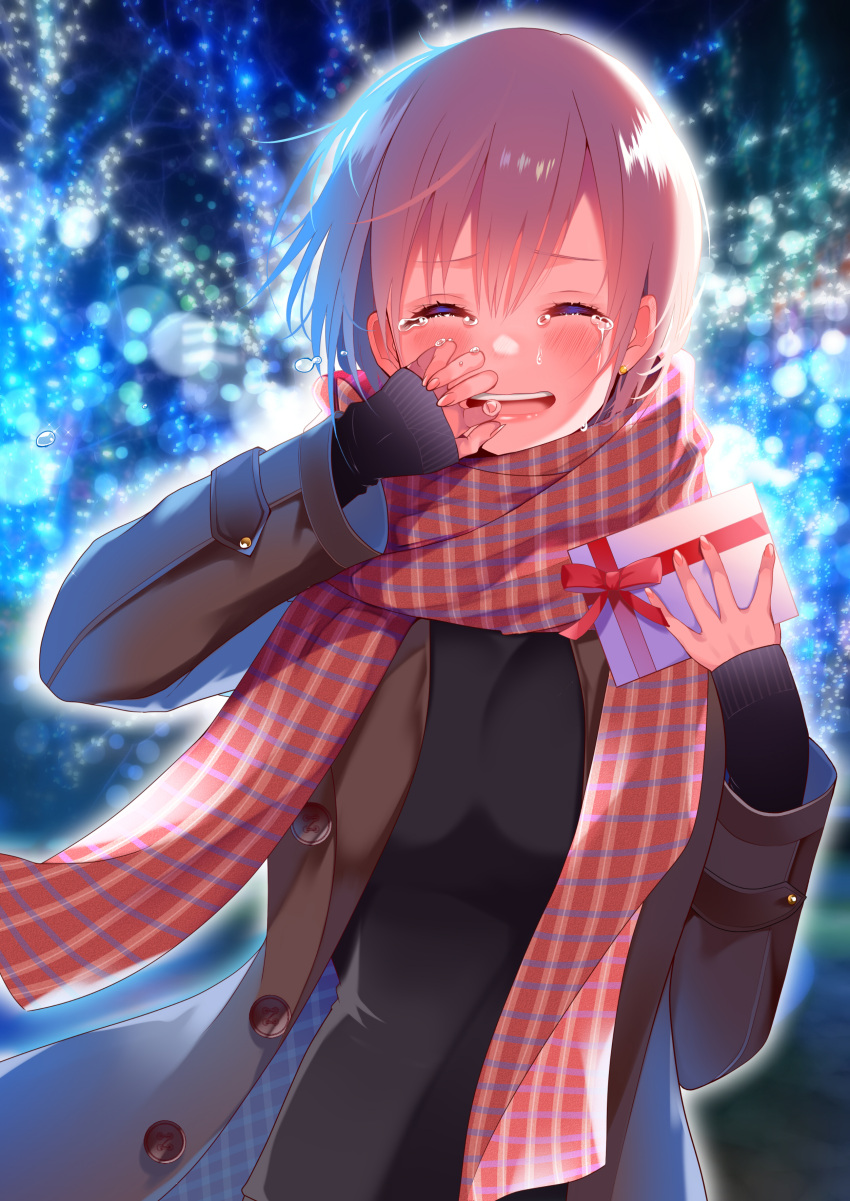 1girl absurdres bangs black_sweater blurry blurry_background blush box breasts brown_jacket buttons christmas closed_eyes commentary_request cowboy_shot crying earrings eyebrows_visible_through_hair gift gift_box glint go-toubun_no_hanayome hand_on_own_face highres holding holding_gift jacket jewelry large_breasts light_particles nakano_ichika night open_clothes open_jacket open_mouth outline pink_hair piyopoyo plaid plaid_scarf scarf short_hair sleeves_past_wrists solo sparkle stud_earrings sweater tears wavy_mouth