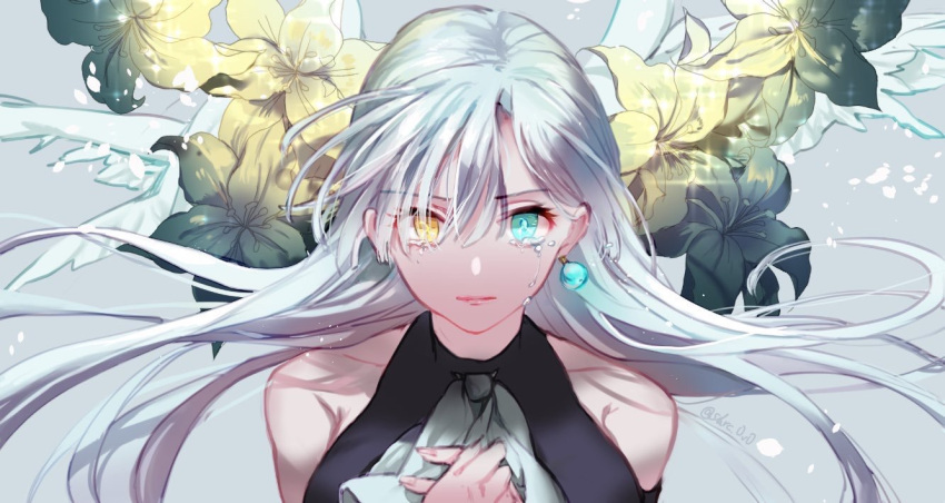 1girl bangs bare_shoulders breasts closed_mouth cravat crying crying_with_eyes_open dororo_(tezuka) earrings elizabeth_liones floating_hair floral_background flower grey_background hair_over_one_eye heterochromia jewelry lily_(flower) long_hair looking_at_viewer nanatsu_no_taizai own_hands_together sakuramochi1003 silver_hair single_earring solo streaming_tears tears upper_body yellow_eyes yellow_flower