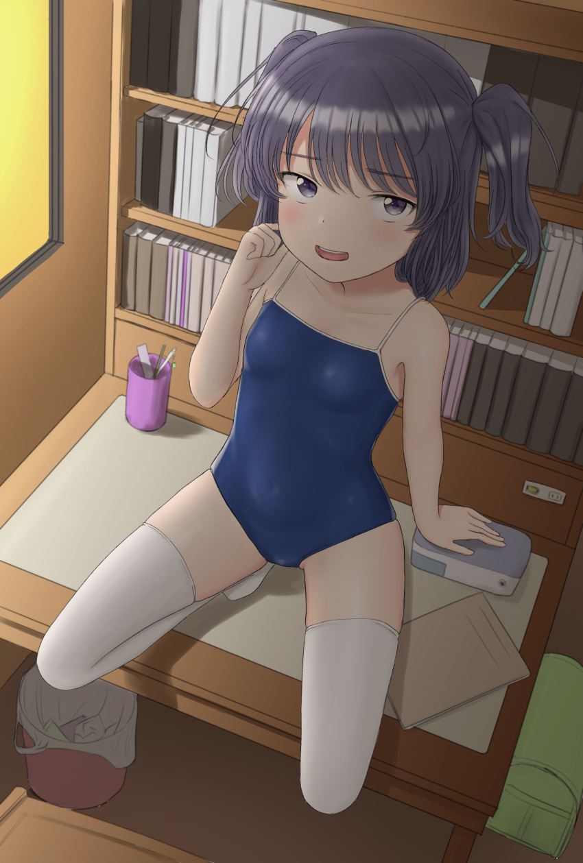 1girl absurdres book bookshelf breasts commentary_request covered_navel desk from_above grey_eyes grey_hair hand_on_own_face highres indoors looking_up nyarukac on_desk one-piece_swimsuit open_mouth original school_swimsuit short_hair small_breasts smile solo squatting swimsuit thigh-highs two_side_up white_legwear