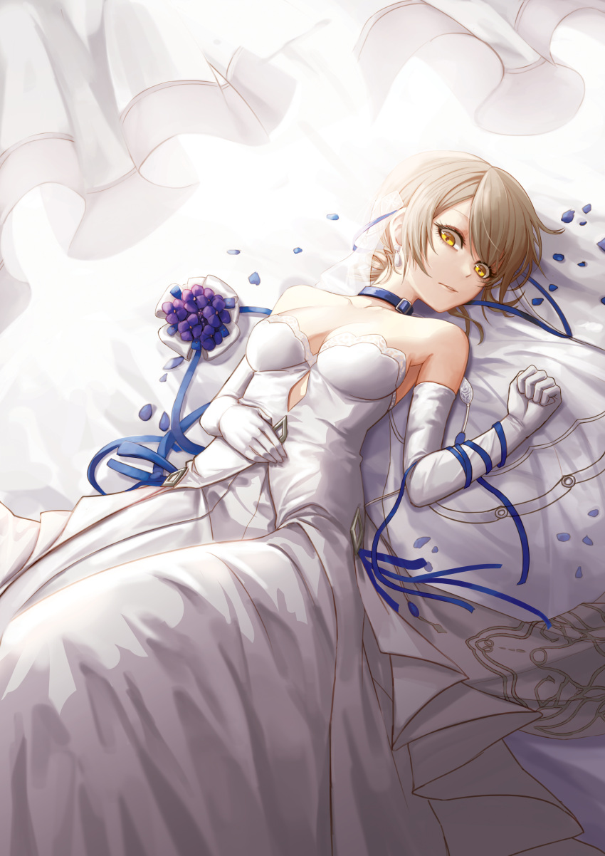 1girl absurdres bangs bare_shoulders breasts bridal_veil choker collarbone commentary_request curtains dress elbow_gloves feet_out_of_frame flower from_above girls_frontline gloves highres kibellin korean_commentary looking_at_viewer lying medium_breasts on_back parted_lips petals ribbon short_hair solo strapless strapless_dress swept_bangs vector_(girls_frontline) veil wedding_dress white_dress white_gloves yellow_eyes