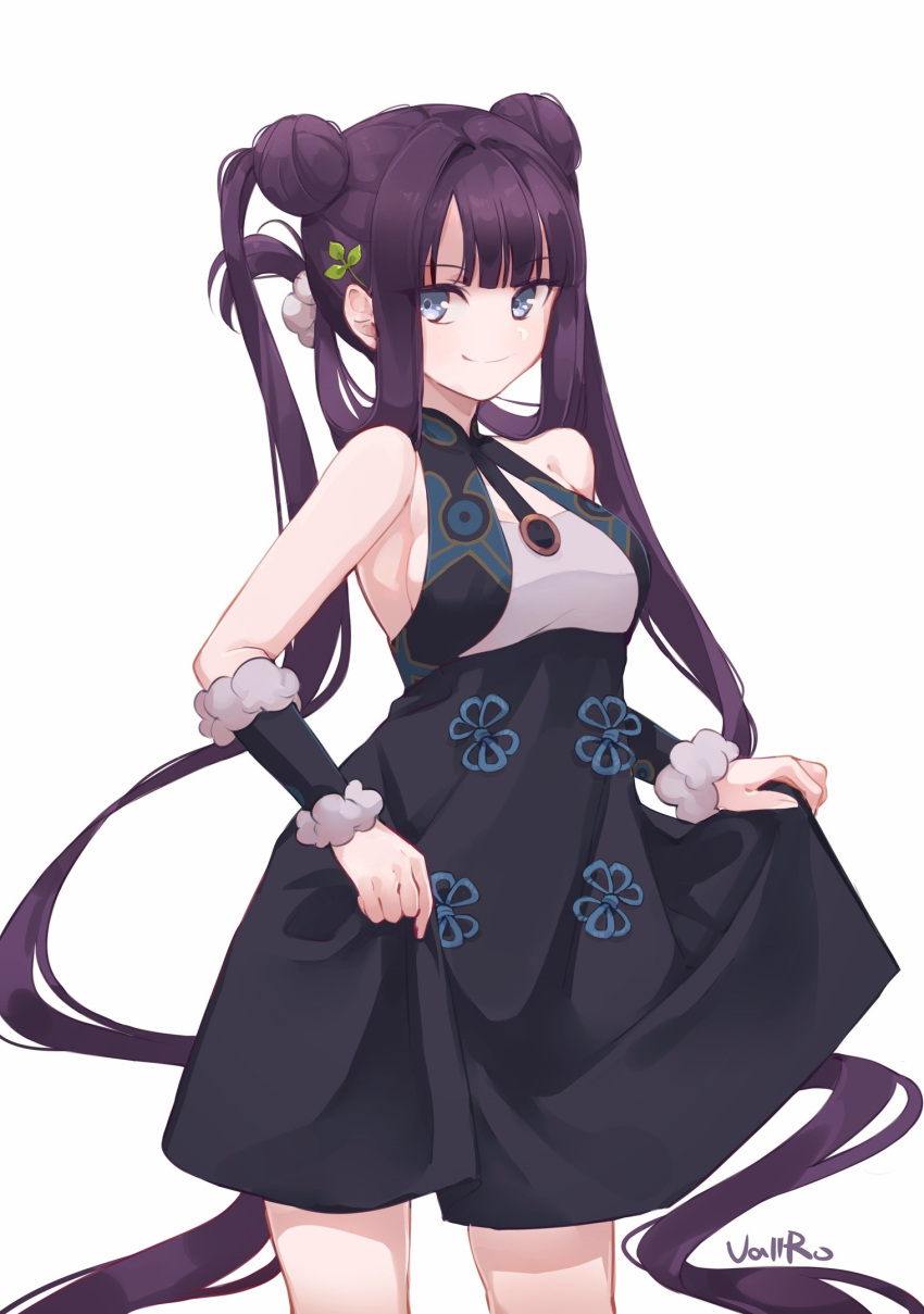 1girl bangs bare_shoulders black_dress blue_eyes blunt_bangs breasts china_dress chinese_clothes closed_mouth curtsey detached_sleeves double_bun dress fate/grand_order fate_(series) hair_ornament highres leaf_hair_ornament long_hair looking_at_viewer medium_breasts purple_hair short_dress sidelocks simple_background smile solo thighs twintails vallro very_long_hair white_background yang_guifei_(fate/grand_order)
