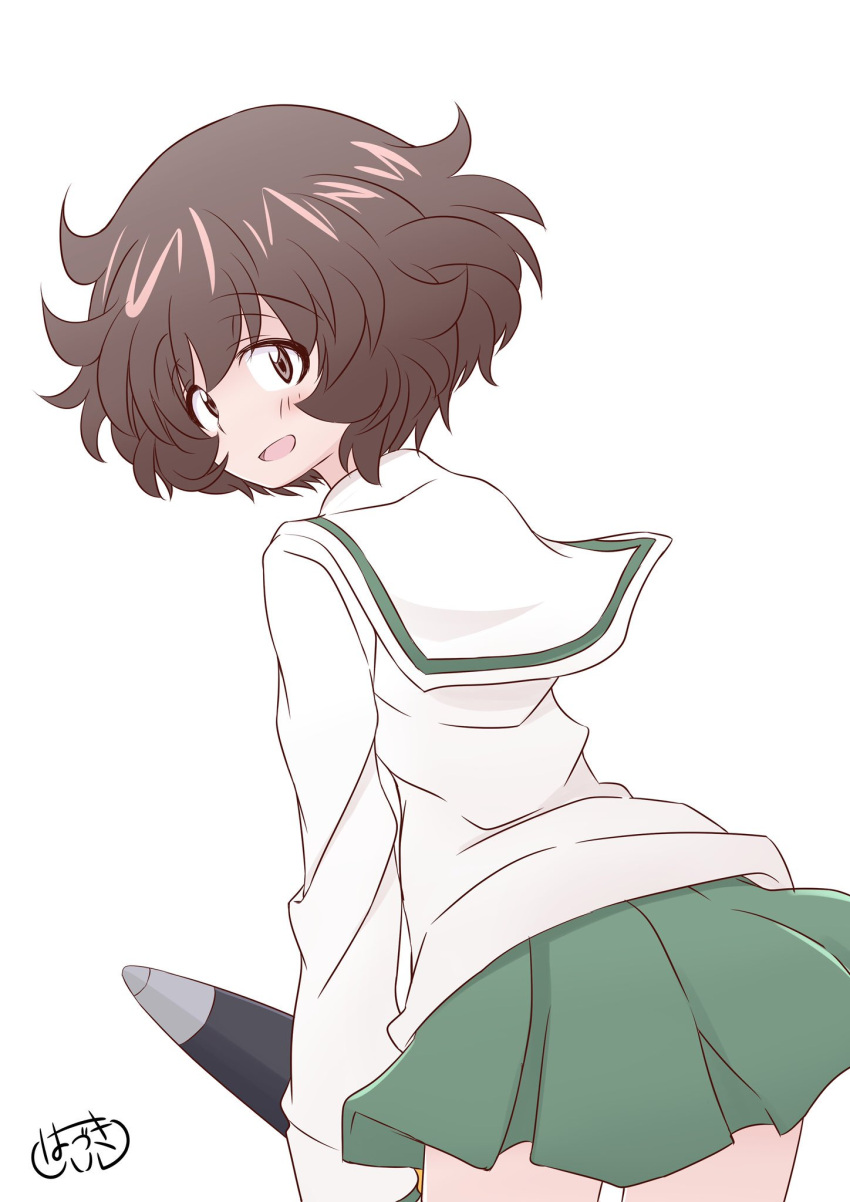 1girl akiyama_yukari artist_name bangs blouse brown_eyes brown_hair commentary cowboy_shot eyebrows_visible_through_hair from_behind girls_und_panzer green_skirt hadzuki_haru highres holding leaning_forward long_sleeves looking_at_viewer looking_back messy_hair miniskirt ooarai_school_uniform open_mouth pleated_skirt school_uniform serafuku short_hair signature simple_background skirt smile solo standing tank_shell white_background white_blouse