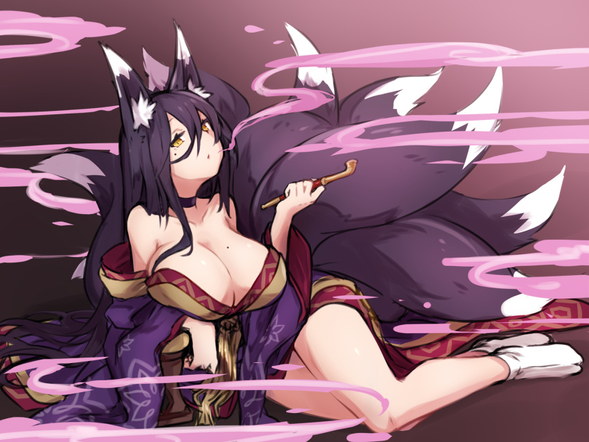 1girl animal_ear_fluff animal_ears bangs black_hair breasts brown_eyes fox_ears fox_girl fox_tail hair_between_eyes holding holding_pipe japanese_clothes kazana_(sakuto) kimono kiseru kitsune large_breasts long_hair mole mole_on_breast no_shoes off_shoulder original pipe purple_kimono smoke smoking socks solo tabi tail very_long_hair white_legwear