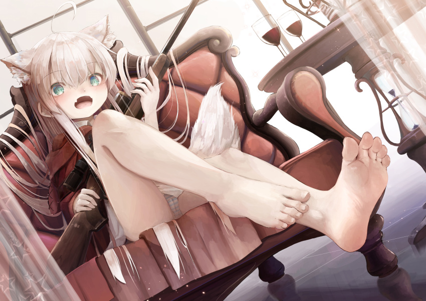 1girl absurdres ahoge animal_ear_fluff animal_ears bangs barefoot blue_eyes blush commentary_request cup drinking_glass dutch_angle eyebrows_visible_through_hair gun highres holding holding_gun holding_weapon indoors loli long_hair looking_at_viewer open_mouth original panties seat sitting solo striped striped_panties table tail underwear utatanecocoa weapon white_hair wine_glass wolf_ears wolf_tail