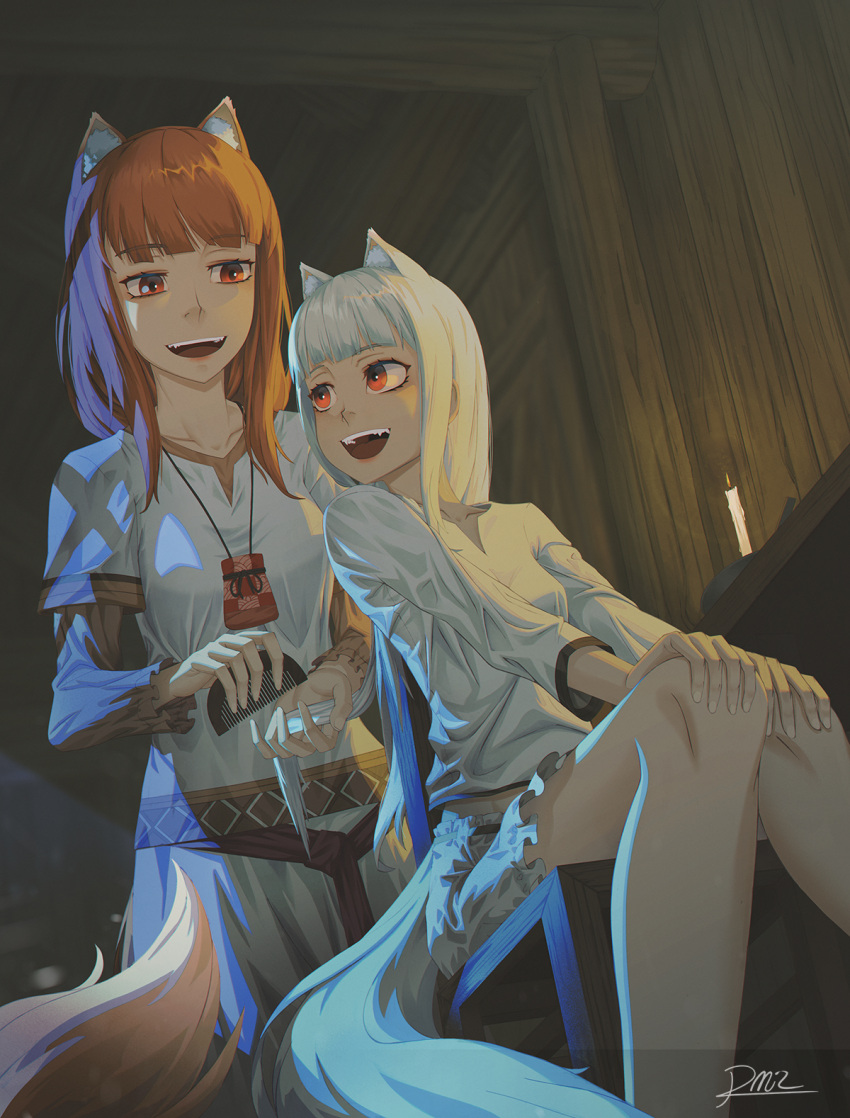 2girls animal_ears brown_hair candle collarbone comb combing english_commentary fangs hands_on_own_knees highres holo long_hair looking_at_another mother_and_daughter multiple_girls myuri_(spice_and_wolf) open_mouth pouch red_eyes rmilanis shinsetsu_spice_and_wolf shirt signature silver_hair sitting spice_and_wolf tail white_shirt wolf_ears wolf_girl wolf_tail